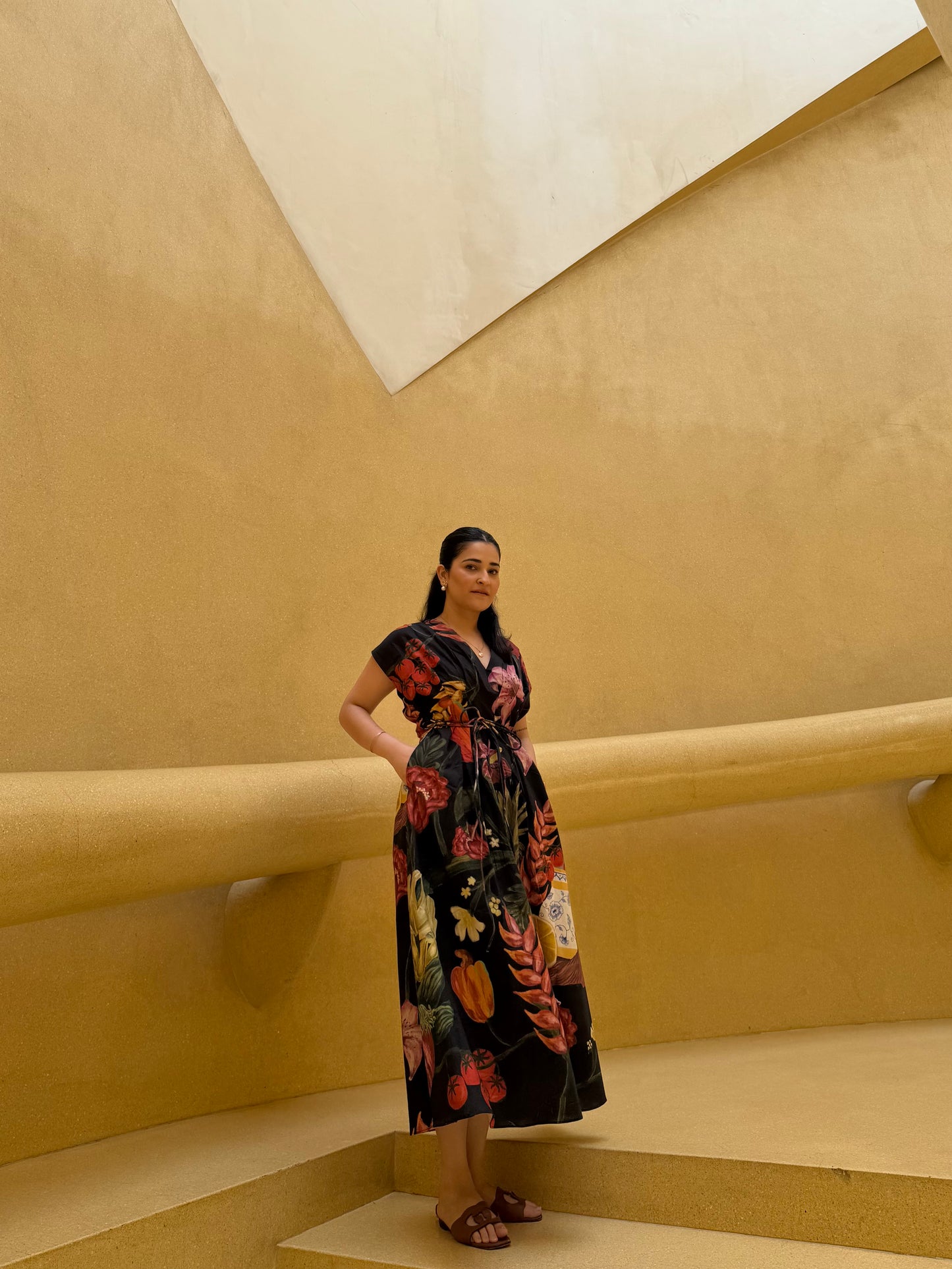 Bonita Dress in Sol Garden print (Midnight Black)