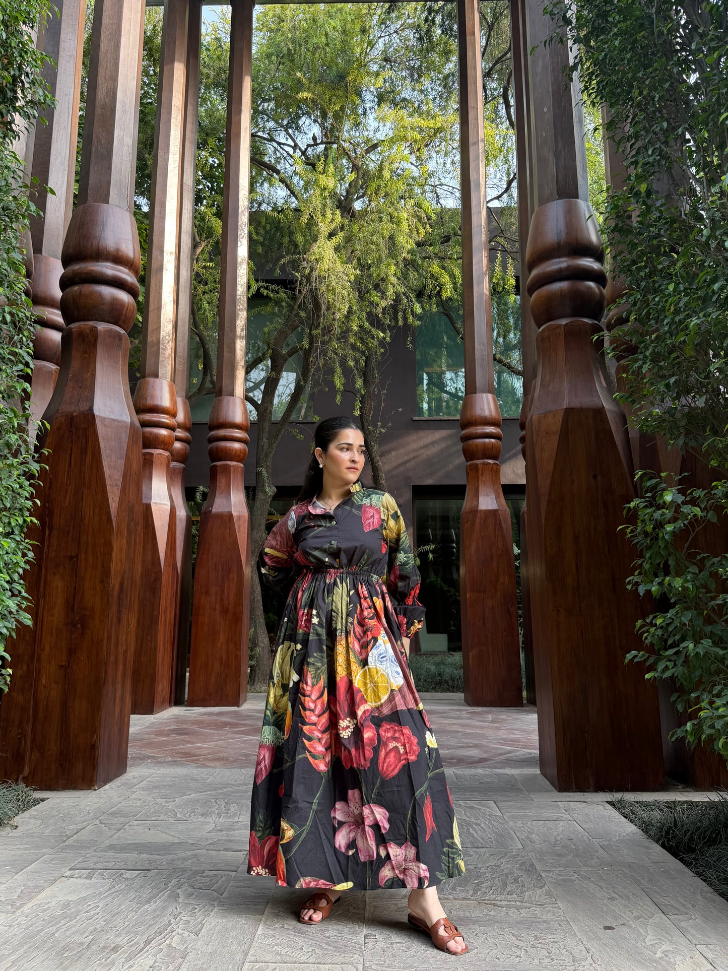 Petalia Dress in Sol Garden print (Midnight Black)