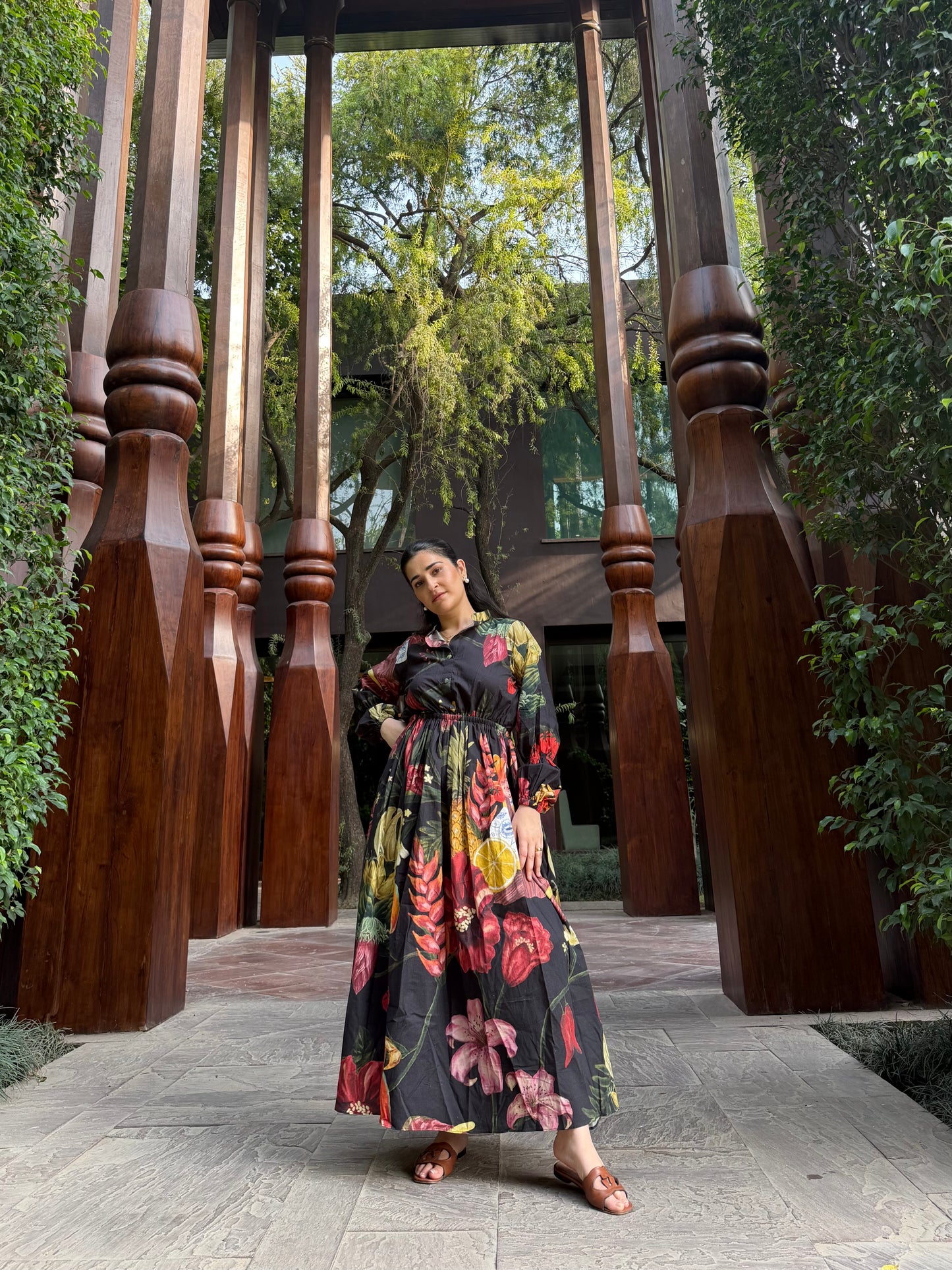 Petalia Dress in Sol Garden print (Midnight Black)