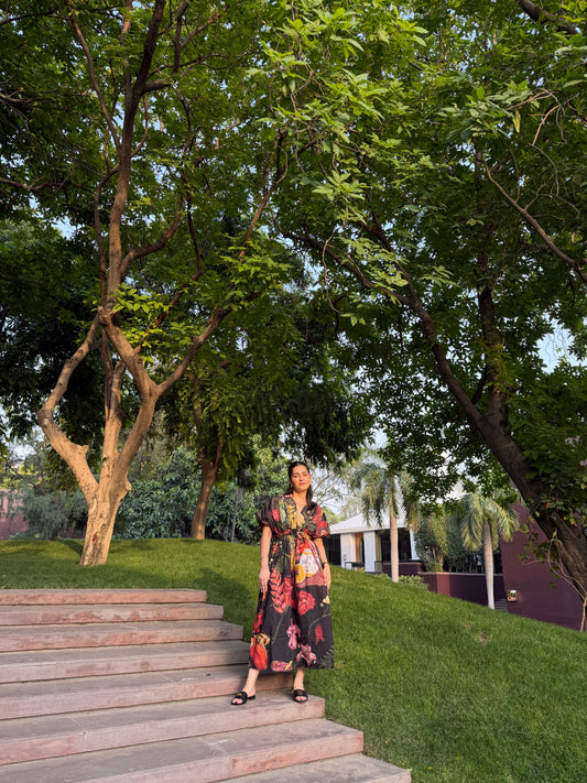 Nirvana Dress in Sol Garden print (Midnight Black)