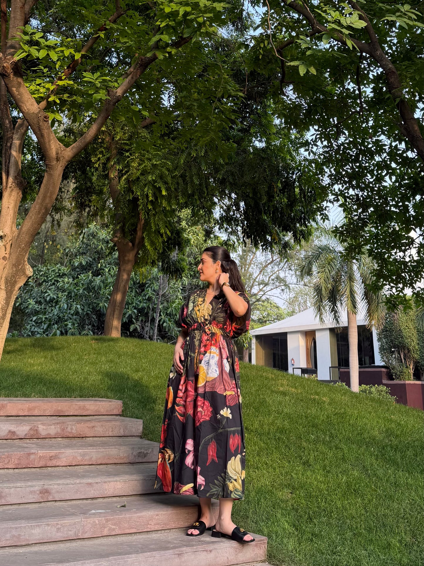 Nirvana Dress in Sol Garden print (Midnight Black)