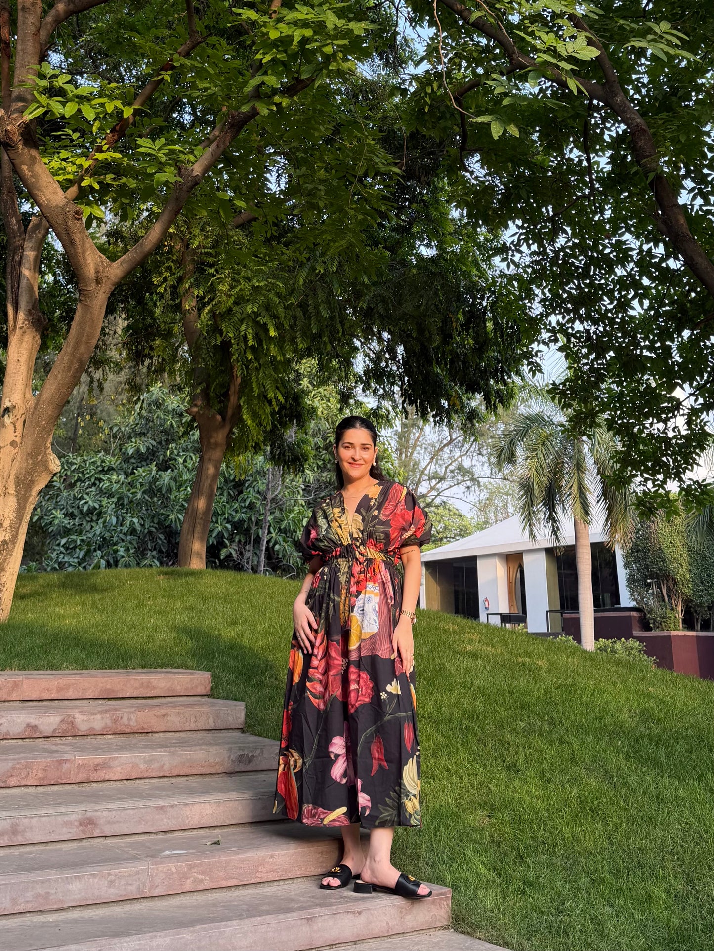 Nirvana Dress in Sol Garden print (Midnight Black)