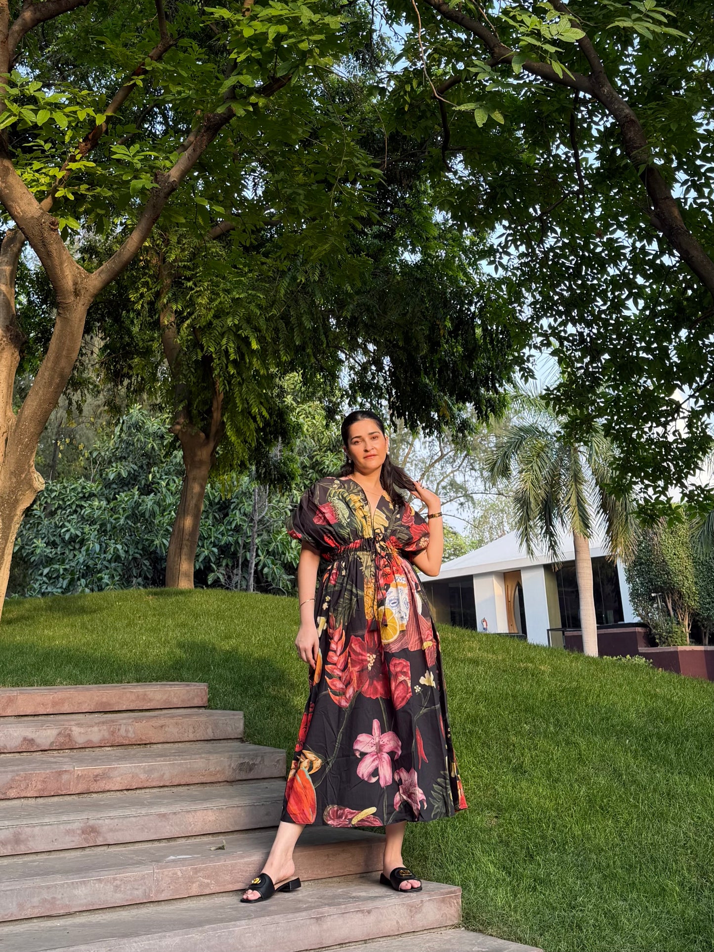 Nirvana Dress in Sol Garden print (Midnight Black)