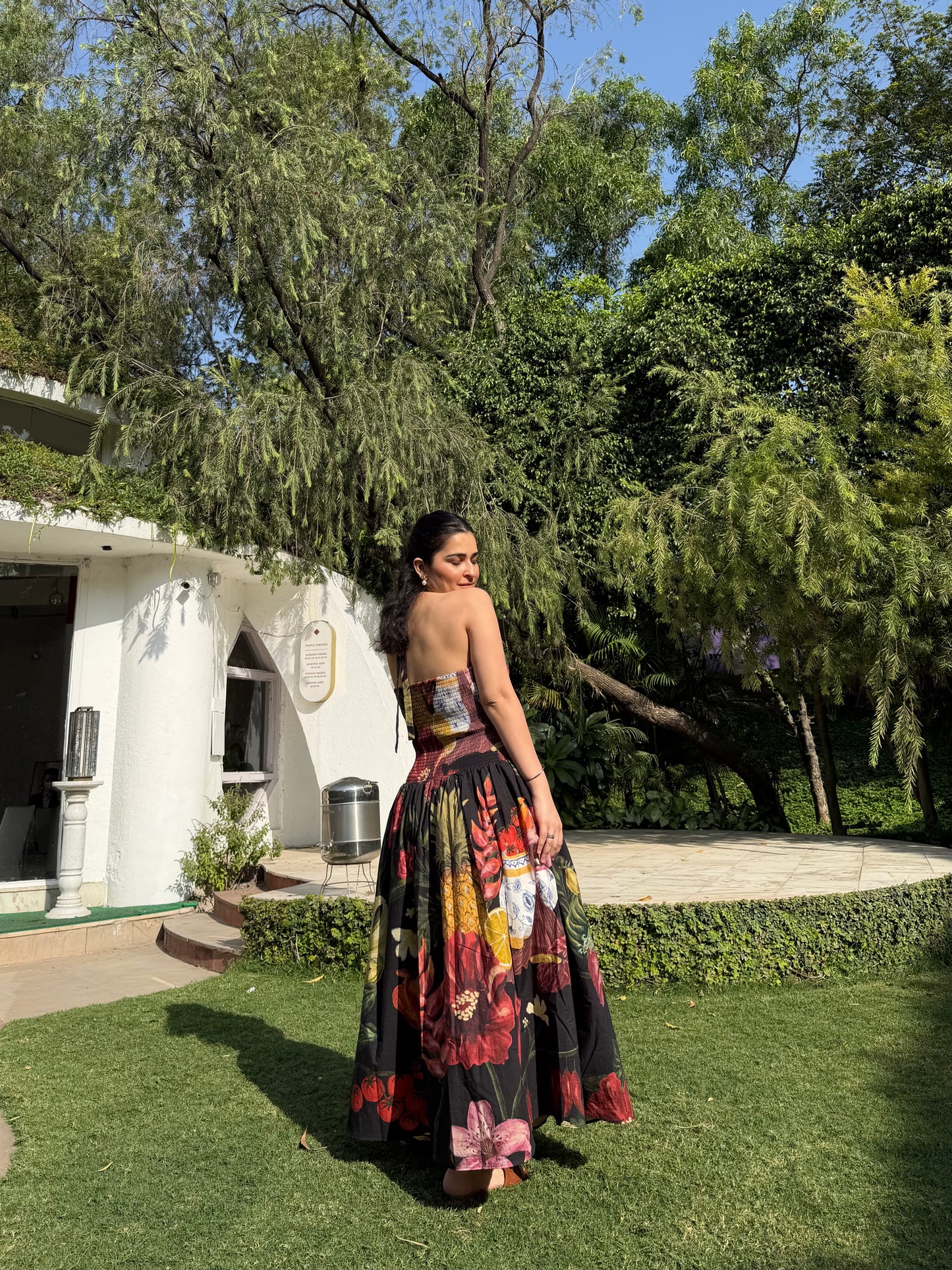 Rosalia Dress in Sol Garden print (Midnight Black)