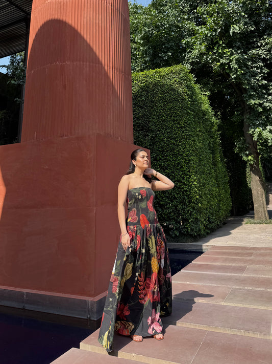 Isadora Dress in Sol Garden print (Midnight Black)